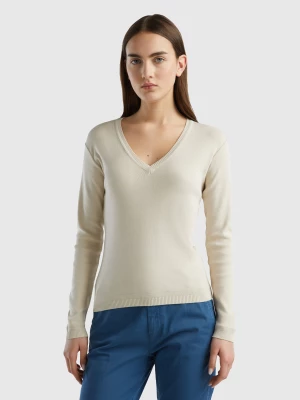 Benetton, V-neck Sweater In Pure Cotton, size XS, Beige, Women United Colors of Benetton