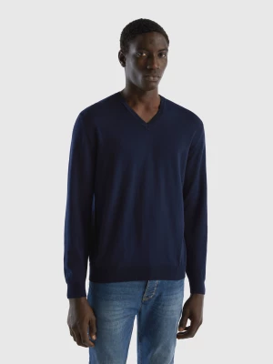 Benetton, V-neck Sweater In Pure Cotton, size XS, Dark Blue, Men United Colors of Benetton