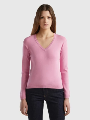Benetton, V-neck Sweater In Pure Cotton, size XS, Pastel Pink, Women United Colors of Benetton