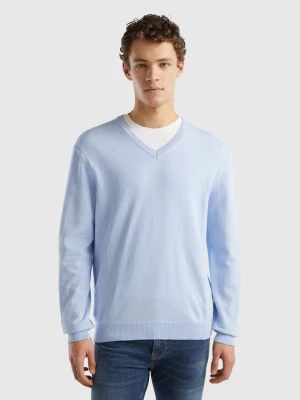 Benetton, V-neck Sweater In Pure Cotton, size XXL, Sky Blue, Men United Colors of Benetton