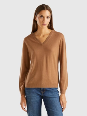 Benetton, V-neck Sweater In Pure Merino Wool, size L, Camel, Women United Colors of Benetton