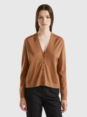 Benetton, V-neck Sweater In Pure Merino Wool, size L, Camel, Women United Colors of Benetton