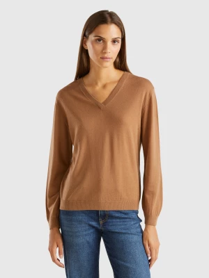 Benetton, V-neck Sweater In Pure Merino Wool, size S, Camel, Women United Colors of Benetton