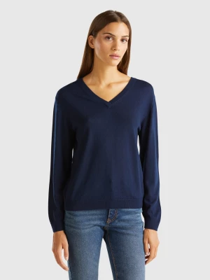 Benetton, V-neck Sweater In Pure Merino Wool, size S, Dark Blue, Women United Colors of Benetton