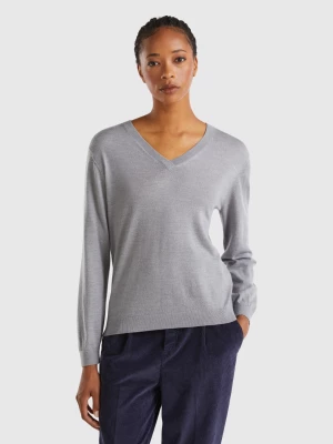 Benetton, V-neck Sweater In Pure Merino Wool, size S, Light Gray, Women United Colors of Benetton