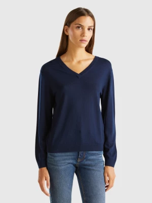 Benetton, V-neck Sweater In Pure Merino Wool, size XL, Dark Blue, Women United Colors of Benetton