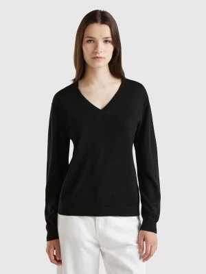 Benetton, V-neck Sweater In Pure Merino Wool, size XS, Black, Women United Colors of Benetton