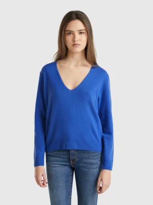 Benetton, V-neck Sweater In Pure Merino Wool, size XS, Bright Blue, Women United Colors of Benetton