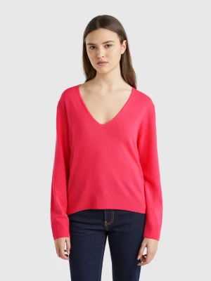 Benetton, V-neck Sweater In Pure Merino Wool, size XS, Cyclamen, Women United Colors of Benetton