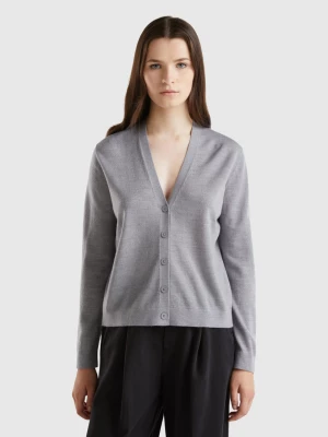 Benetton, V-neck Sweater In Pure Merino Wool, size XS, Light Gray, Women United Colors of Benetton