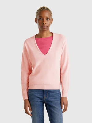 Benetton, V-neck Sweater In Pure Merino Wool, size XS, Soft Pink, Women United Colors of Benetton