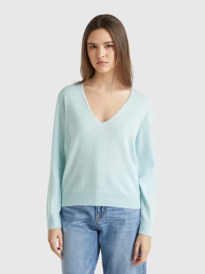 Benetton, V-neck Sweater In Pure Merino Wool, size XS, Turquoise, Women United Colors of Benetton