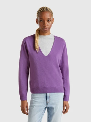 Benetton, V-neck Sweater In Pure Merino Wool, size XS, Violet, Women United Colors of Benetton