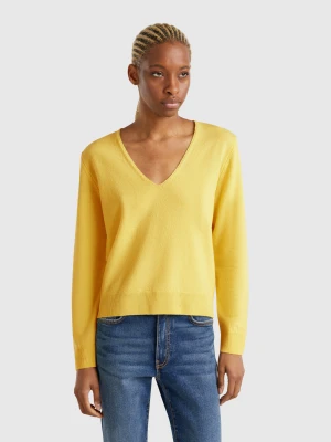 Benetton, V-neck Sweater In Pure Merino Wool, size XS, Yellow, Women United Colors of Benetton