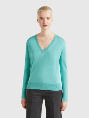 Benetton, V-neck Sweater In Silk Blend, size XS, Aqua, Women United Colors of Benetton