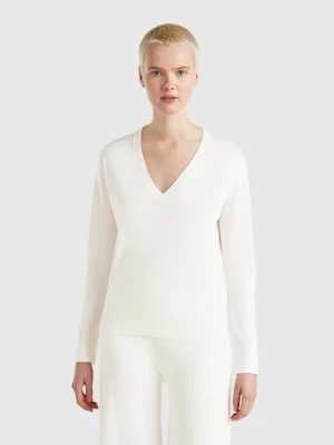 Benetton, V-neck Sweater In Silk Blend, size XS, Creamy White, Women United Colors of Benetton