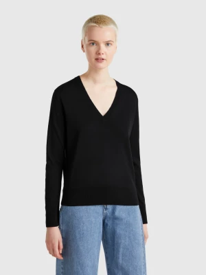 Benetton, V-neck Sweater In Silk Blend, size XXS, Black, Women United Colors of Benetton