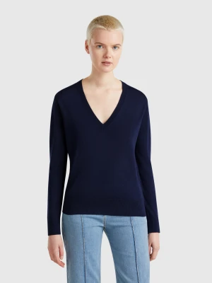 Benetton, V-neck Sweater In Silk Blend, size XXS, Dark Blue, Women United Colors of Benetton