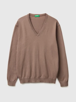 Benetton, V-neck Sweater In Tricot Cotton, Size: XL, Brown, Men United Colors of Benetton