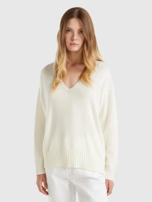 Benetton, V-neck Sweater In Wool Blend, size L, Creamy White, Women United Colors of Benetton