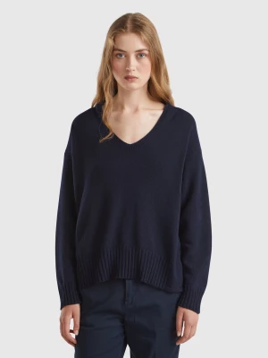 Benetton, V-neck Sweater In Wool Blend, size L, Dark Blue, Women United Colors of Benetton