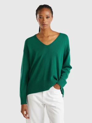 Benetton, V-neck Sweater In Wool Blend, size L, Dark Green, Women United Colors of Benetton