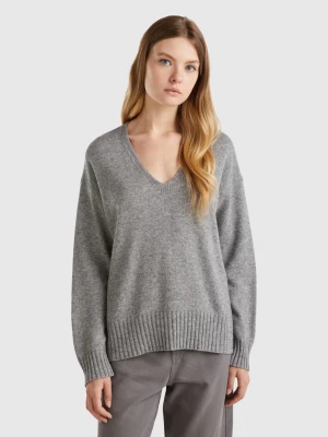 Benetton, V-neck Sweater In Wool Blend, size L, Gray, Women United Colors of Benetton