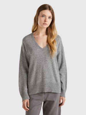 Benetton, V-neck Sweater In Wool Blend, size L, Gray, Women United Colors of Benetton