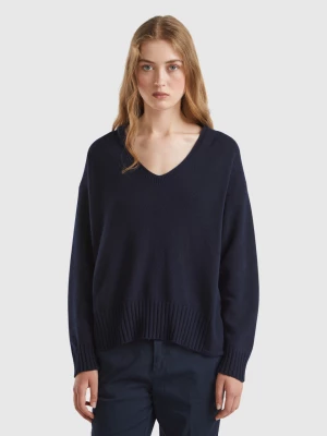 Benetton, V-neck Sweater In Wool Blend, size M, Dark Blue, Women United Colors of Benetton