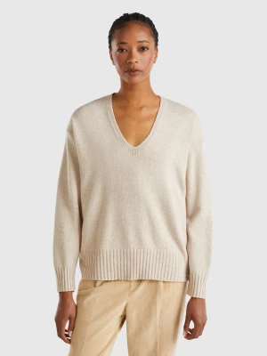 Benetton, V-neck Sweater In Wool Blend, size L, Beige, Women United Colors of Benetton