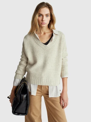 Benetton, V-neck Sweater In Wool Blend, Size: XL, Beige, Women United Colors of Benetton