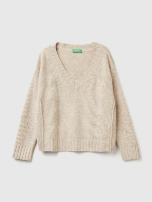 Benetton, V-neck Sweater In Wool Blend, Size: XXS, Beige, Women United Colors of Benetton
