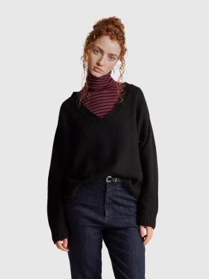 Benetton, V-neck Sweater In Wool Blend, Size: XXS, Black, Women United Colors of Benetton