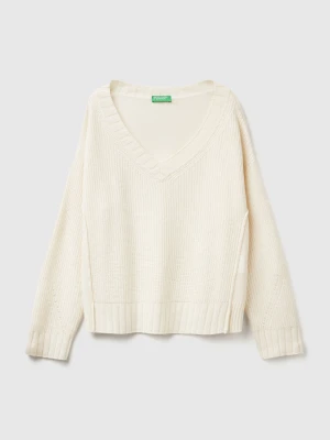 Benetton, V-neck Sweater In Wool Blend, Size: XXS, Creamy White, Women United Colors of Benetton