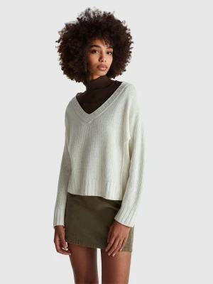 Benetton, V-neck Sweater In Wool Blend, Size: XXS, Creamy White, Women United Colors of Benetton