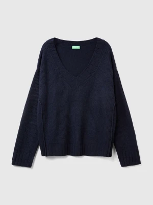 Benetton, V-neck Sweater In Wool Blend, Size: XXS, Dark Blue, Women United Colors of Benetton
