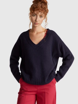 Benetton, V-neck Sweater In Wool Blend, Size: XXS, Dark Blue, Women United Colors of Benetton