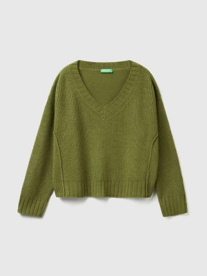 Benetton, V-neck Sweater In Wool Blend, Size: XXS, Military Green, Women United Colors of Benetton