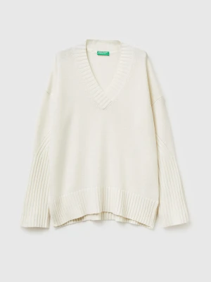 Benetton, V Neck Sweater L/s, Size: XS, Creamy White, Women United Colors of Benetton