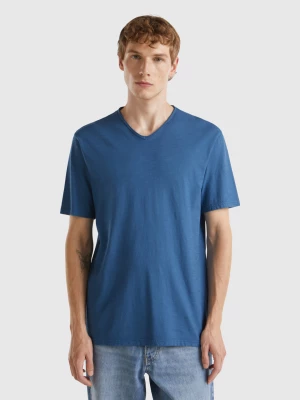 Benetton, V-neck T-shirt In 100% Cotton, size L, Air Force Blue, Men United Colors of Benetton