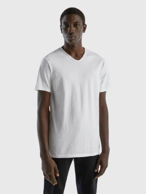 Benetton, V-neck T-shirt In 100% Cotton, size L, White, Men United Colors of Benetton