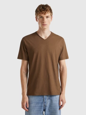 Benetton, V-neck T-shirt In 100% Cotton, size M, Brown, Men United Colors of Benetton