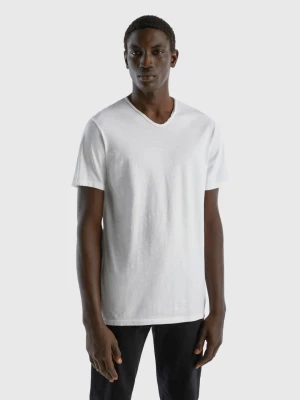 Benetton, V-neck T-shirt In 100% Cotton, size M, White, Men United Colors of Benetton