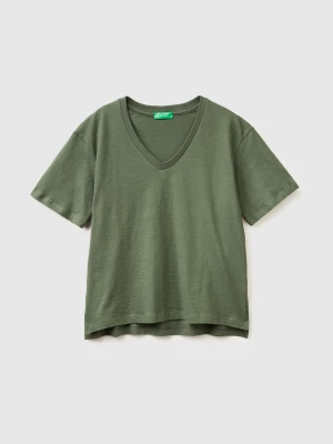 Benetton, V-neck T-shirt In Lightweight Cotton, Size: XXS, Military Green, Women United Colors of Benetton