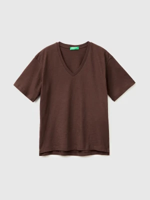Benetton, V-neck T-shirt In Lightweight Cotton, Size: XXS, Brown, Women United Colors of Benetton