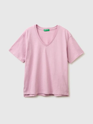 Benetton, V-neck T-shirt In Lightweight Cotton, Size: XXS, Pink, Women United Colors of Benetton