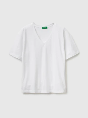 Benetton, V-neck T-shirt In Lightweight Cotton, Size: XXS, White, Women United Colors of Benetton
