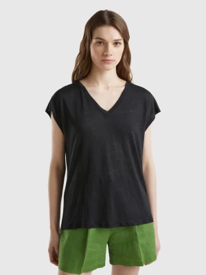 Benetton, V-neck T-shirt In Pure Linen, size L, Black, Women United Colors of Benetton