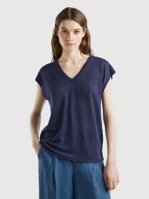 Benetton, V-neck T-shirt In Pure Linen, size L, Dark Blue, Women United Colors of Benetton