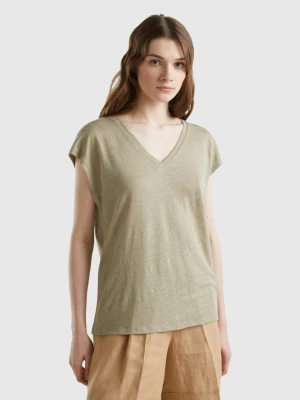 Benetton, V-neck T-shirt In Pure Linen, size L, Light Green, Women United Colors of Benetton